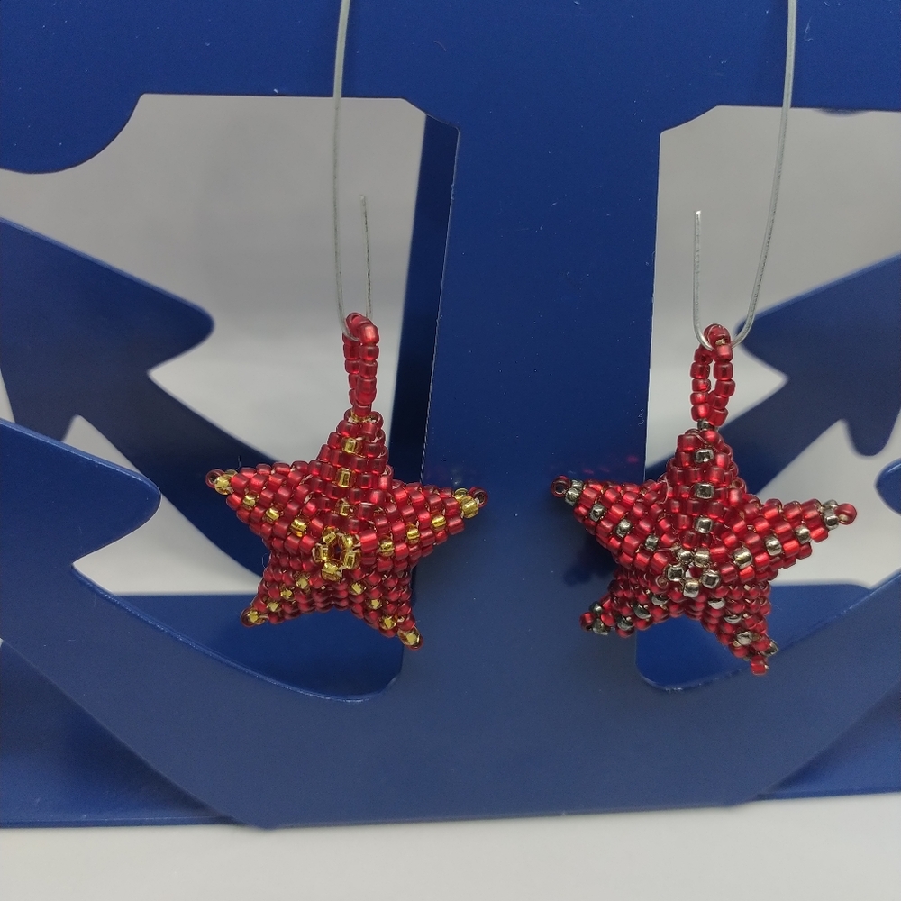 Handmade 3D Seed Bead Christmas Holiday Ornaments Set of 2 Coordinating